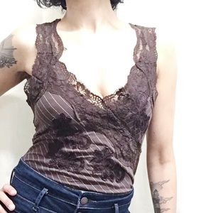 Pinstripe Sleeveless Top Lace Floral Accents
